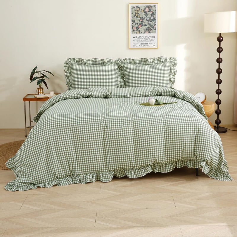 Silnuo Sage Green/White Plaid Ruffle Duvet Cover King Size,100% Washed Cotton 3 Pcs Vintage Checkered Chic Gingham Farmhouse Bedding Set Comforter Cover Set - Image 1
