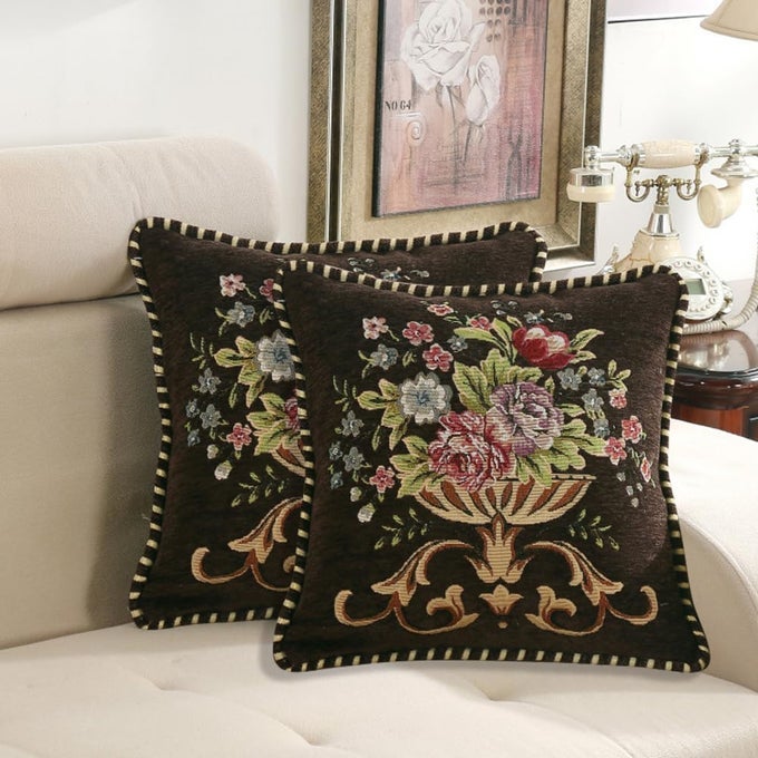 SET OF 2 BROWN VINTAGE EMBROIDERED THROW PILLOW COVERS 18X18INFLORAL EMBROIDERED CUSHION COVER FOR SOFA COUCH BED BURGANDIES PILLOW COVER BROWN