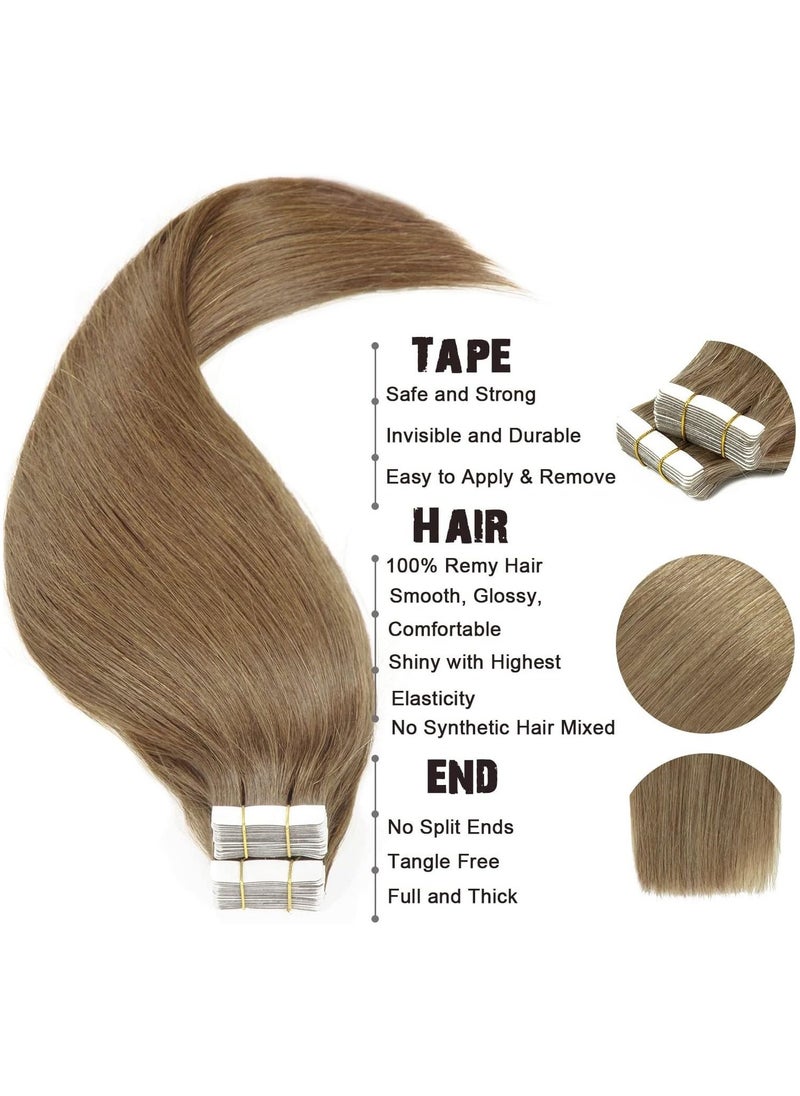 Nature Hair Tape In  Extension ,Remy Human Hair Seamless Skin Weft Tape In Extensions (24in, Light Ash Brown)