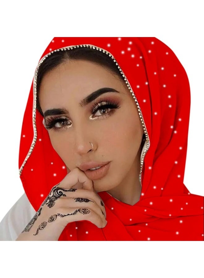2Pcs Bright Red Rhinestone Pearl Chiffon Hijab Scarf 180x70cm, Sparkling Gold Beaded Trim Muslim Women Head Wrap for Wedding Worship Daily Party - Image 1