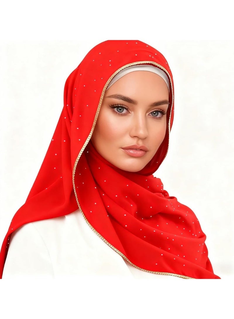 2Pcs Bright Red Rhinestone Pearl Chiffon Hijab Scarf 180x70cm, Sparkling Gold Beaded Trim Muslim Women Head Wrap for Wedding Worship Daily Party - Image 2