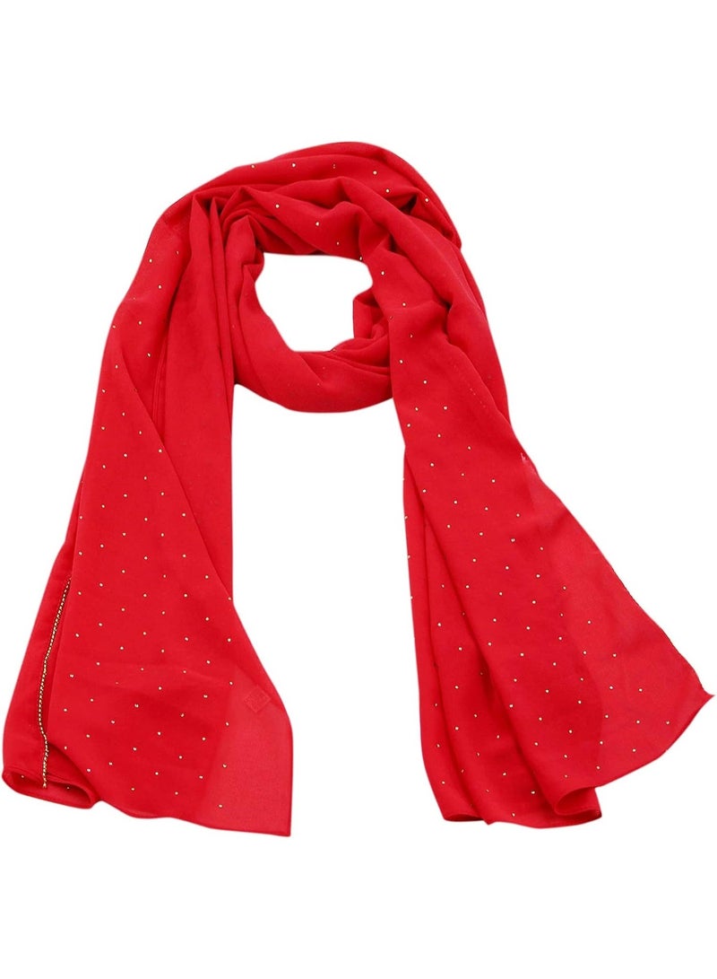 2Pcs Bright Red Rhinestone Pearl Chiffon Hijab Scarf 180x70cm, Sparkling Gold Beaded Trim Muslim Women Head Wrap for Wedding Worship Daily Party - Image 3