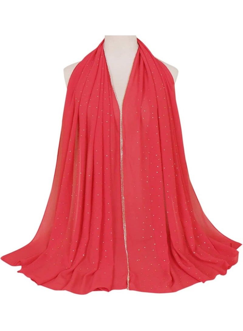 2Pcs Bright Red Rhinestone Pearl Chiffon Hijab Scarf 180x70cm, Sparkling Gold Beaded Trim Muslim Women Head Wrap for Wedding Worship Daily Party - Image 5