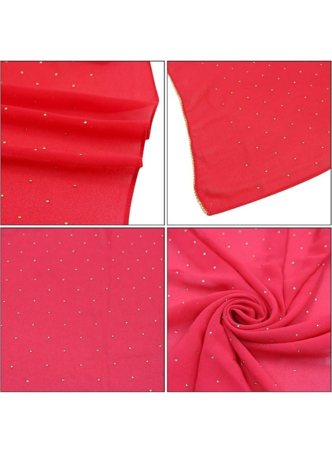 2Pcs Bright Red Rhinestone Pearl Chiffon Hijab Scarf 180x70cm, Sparkling Gold Beaded Trim Muslim Women Head Wrap for Wedding Worship Daily Party - Image 4