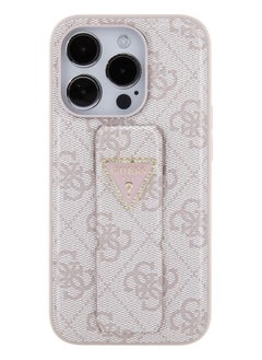 GUESS iPhone 15 Pro Case Grip stand PU Leather Back Cover with 4G Triangle Strass Pattern / Drop Protection / Accurate Cutouts / Damage and Scratch Protection / Easy Snap-On - Pink  - Image 1