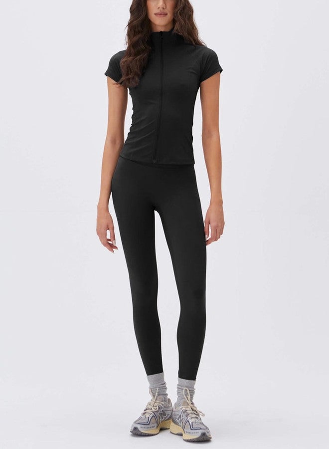 Lviefent Womens Lightweight Full Zip Active Running Track Jacket Workout Short Sleeve Top Slim Fit Yoga Sportswear (Black-M) - Image 5