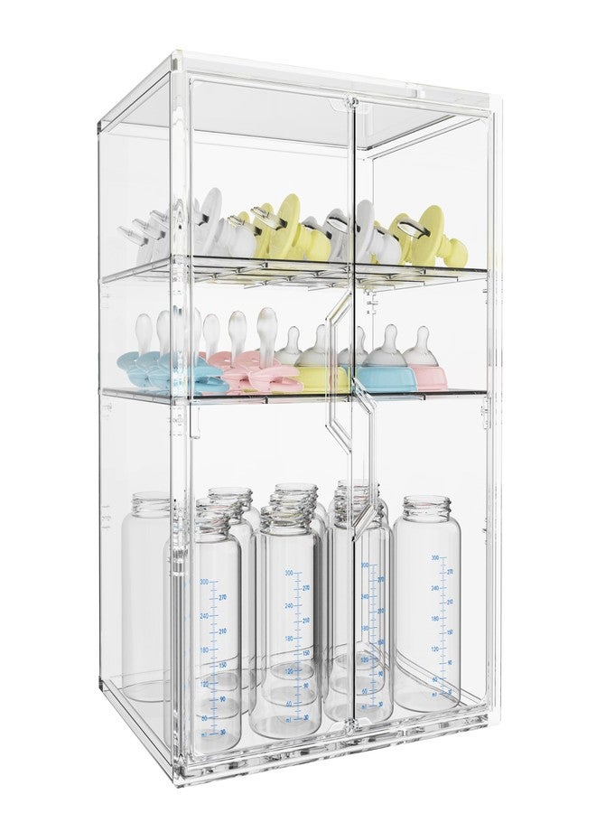 RUFHVTY Baby Bottle Organizer, 3 Tiers Adjustable Bottle Storage Container for Countertop, Acrylic Bottle Station with 2 Removable Dividers and Double Magnetic Doors, Suitable for Kitchen Bathroom Vanity - Image 1