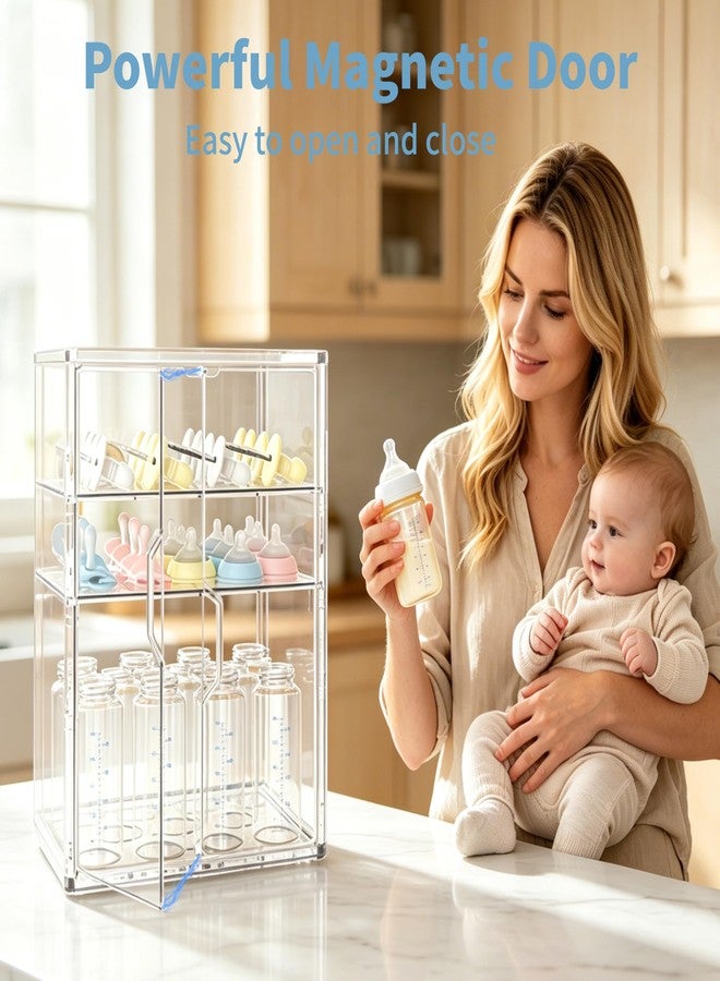 RUFHVTY Baby Bottle Organizer, 3 Tiers Adjustable Bottle Storage Container for Countertop, Acrylic Bottle Station with 2 Removable Dividers and Double Magnetic Doors, Suitable for Kitchen Bathroom Vanity - Image 4