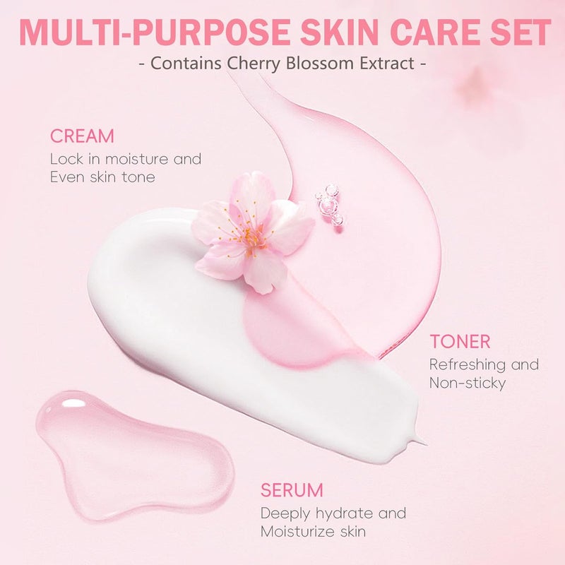 BliBling Skin Care Set for Women Girls Cherry Blossoms Beauty Gift Sets for Intense Hydration Face Skin Care Kit with Cleanser Toner Serum Eye Cream Face Cream 8Pcs Skin Care Routine Kit - Image 4