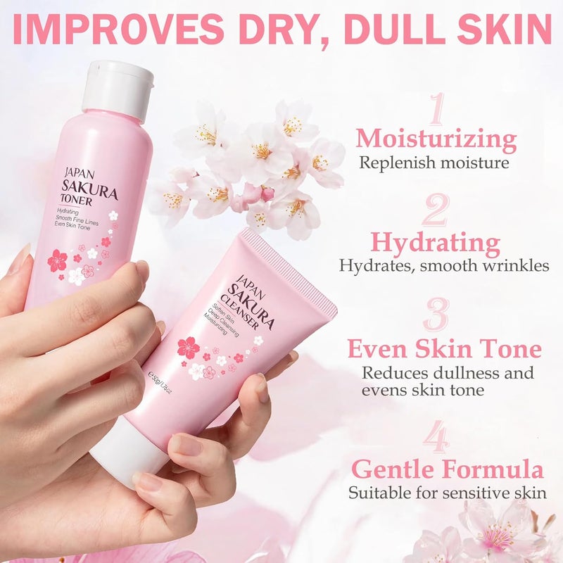 BliBling Skin Care Set for Women Girls Cherry Blossoms Beauty Gift Sets for Intense Hydration Face Skin Care Kit with Cleanser Toner Serum Eye Cream Face Cream 8Pcs Skin Care Routine Kit - Image 5