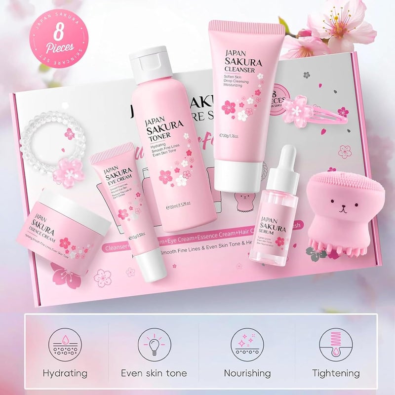 BliBling Skin Care Set for Women Girls Cherry Blossoms Beauty Gift Sets for Intense Hydration Face Skin Care Kit with Cleanser Toner Serum Eye Cream Face Cream 8Pcs Skin Care Routine Kit - Image 2
