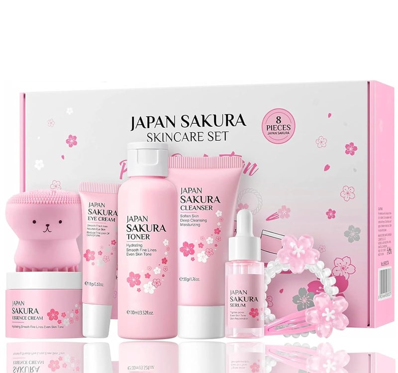 BliBling Skin Care Set for Women Girls Cherry Blossoms Beauty Gift Sets for Intense Hydration Face Skin Care Kit with Cleanser Toner Serum Eye Cream Face Cream 8Pcs Skin Care Routine Kit - Image 1