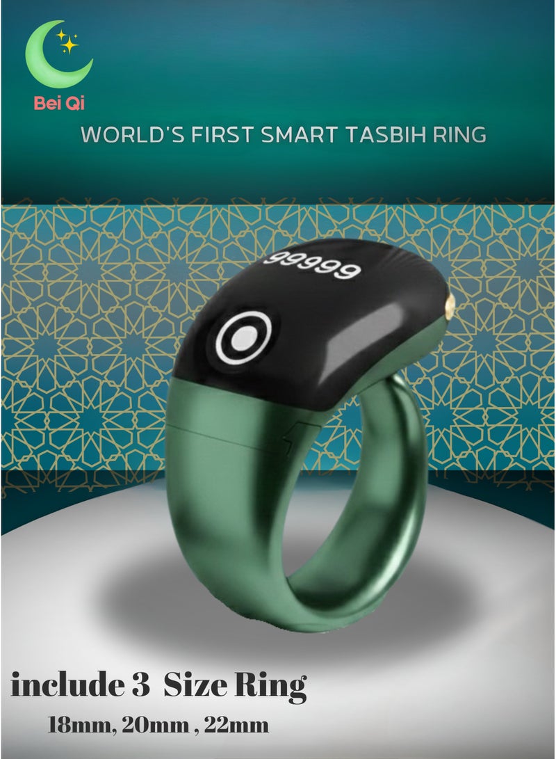 Bei Qi Tasbih Zikr Smart Ring Adjustable Digital Tasbeeh Counter with App Support, Replaceable Sizes 18/20/22mm, Bluetooth Smart Dhikr Ring, Waterproof OLED Display Muslim Prayer Counter, Electronic Rosary, Lightweight Islamic Smart Wearable – Ramadan & Eid Gift for Men & Women, Green - Image 1