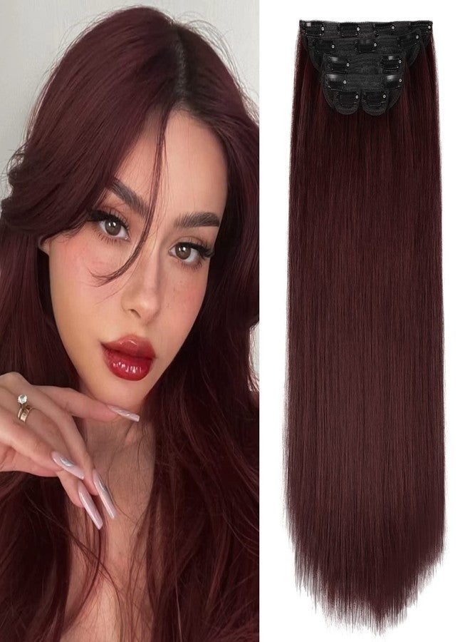 WECAN Straight Clip in Hair Extension Wine Red 22 Inch 6PCS Long Straight Hairpieces for Women Thick Synthetic Fiber Double Weft Hair Full Head - Image 1