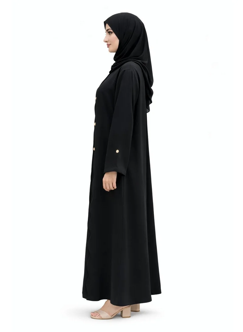 Ophelia Aurelia Abaya – Black Scalloped Front with Gold Buttons & Matching Hijab