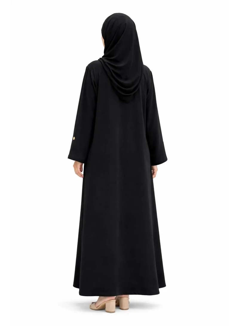 Ophelia Aurelia Abaya – Black Scalloped Front with Gold Buttons & Matching Hijab