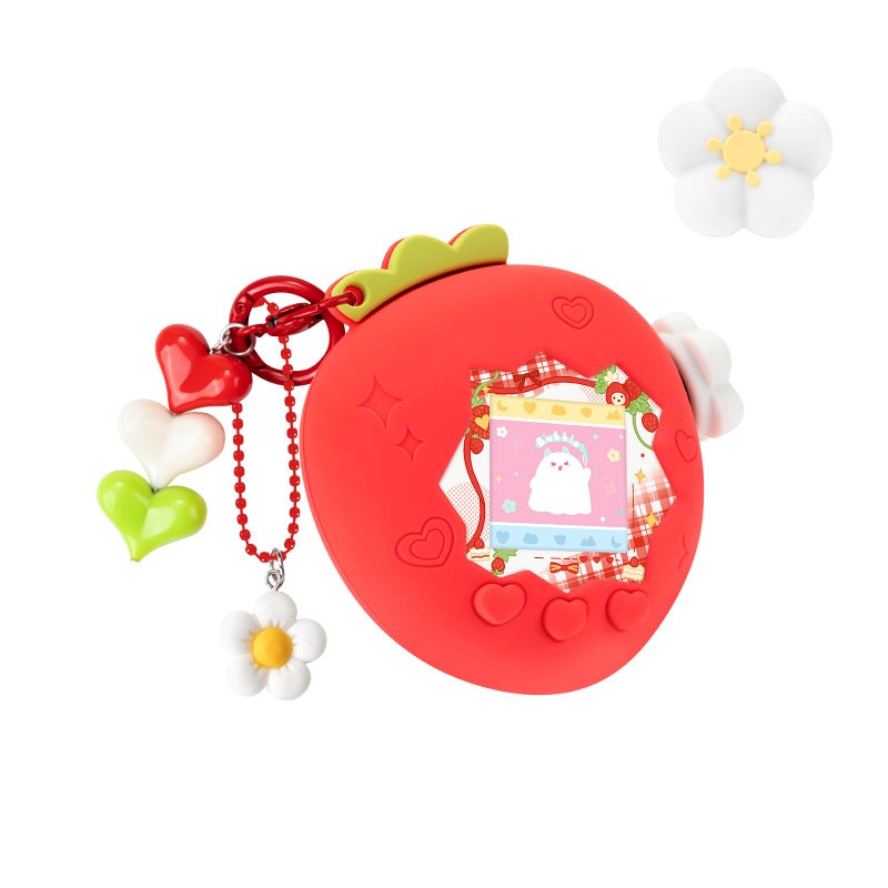 BUBBLELOGUS Strawberry Bubble Protective Case for Tamagotchi Paradise, Soft TPU Silicone Cover with Faceplate, Flower Shaped Zoom Dial Cap & Charms Set, Anti-Scratch & Waterproof (Red) - Image 1