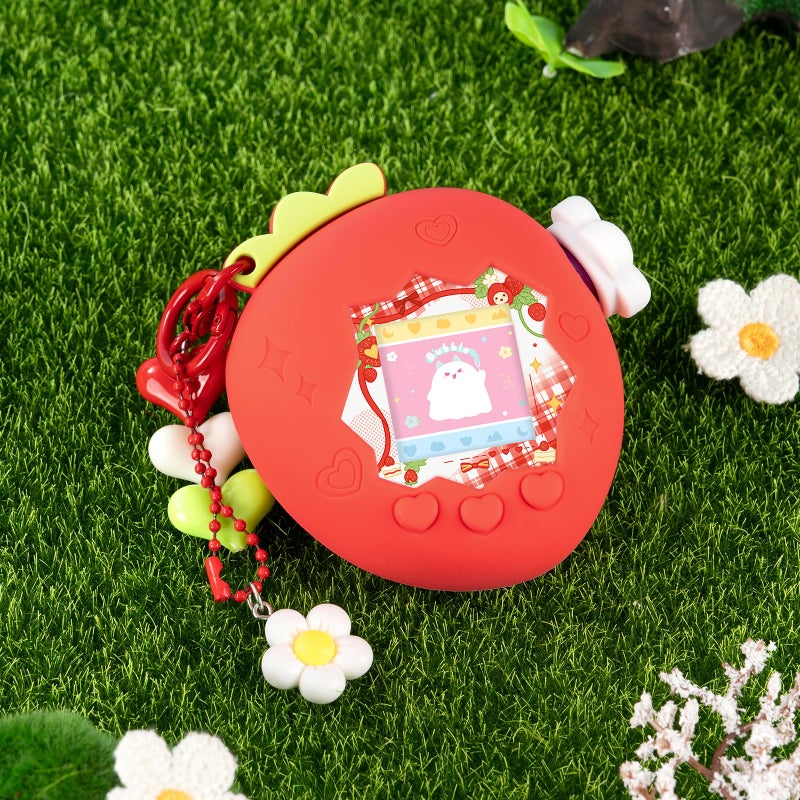BUBBLELOGUS Strawberry Bubble Protective Case for Tamagotchi Paradise, Soft TPU Silicone Cover with Faceplate, Flower Shaped Zoom Dial Cap & Charms Set, Anti-Scratch & Waterproof (Red) - Image 5