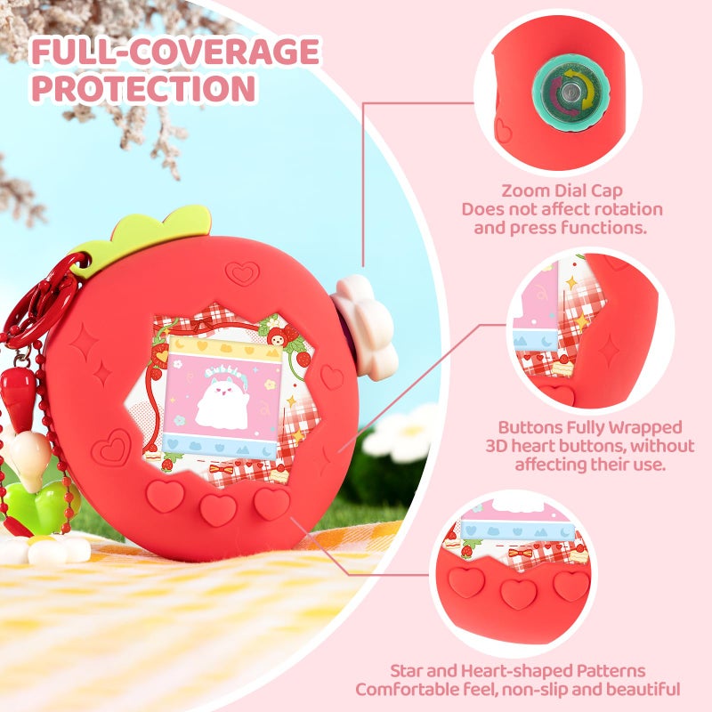 BUBBLELOGUS Strawberry Bubble Protective Case for Tamagotchi Paradise, Soft TPU Silicone Cover with Faceplate, Flower Shaped Zoom Dial Cap & Charms Set, Anti-Scratch & Waterproof (Red) - Image 4