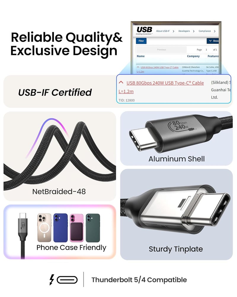 Silkland 80Gbps USB 4 for Thunderbolt 5 Cable, [USB-IF Certified] 120Gbps Bandwidth for 16K/Dual 8K, 240W Charging, High Speed USB C Cable Compatible Thunderbolt 4,MacBook M4 Pro,iPhone 17/16,SSD, 4FT - Image 5