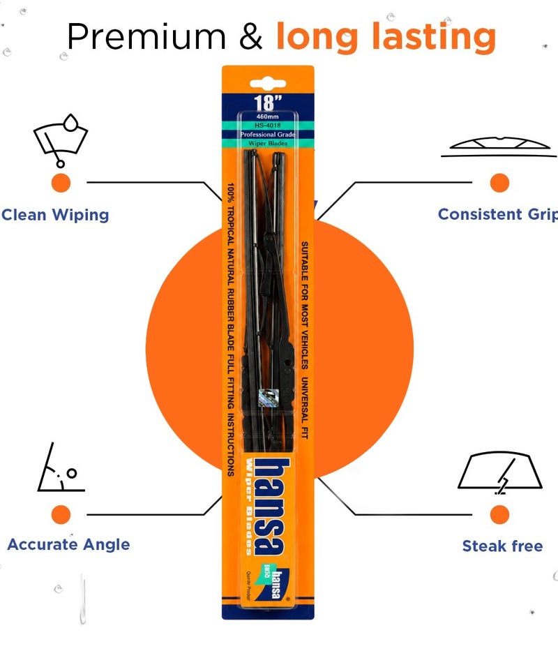 HANSA 18 Inch (460mm) Universal Car Windshield Wiper Blade Pair, Professional Grade Natural Rubber Wiper Blades, Streak Free Windshield Cleaning, All Season Rain Wiper, Metal Frame, Silent Wiping, Clear Visibility, Durable Replacement Blade for Cars, SUVs, Sedans, Purpose: Windshield Cleaning & Safe Driving Erpc WP 10046 . - Image 2