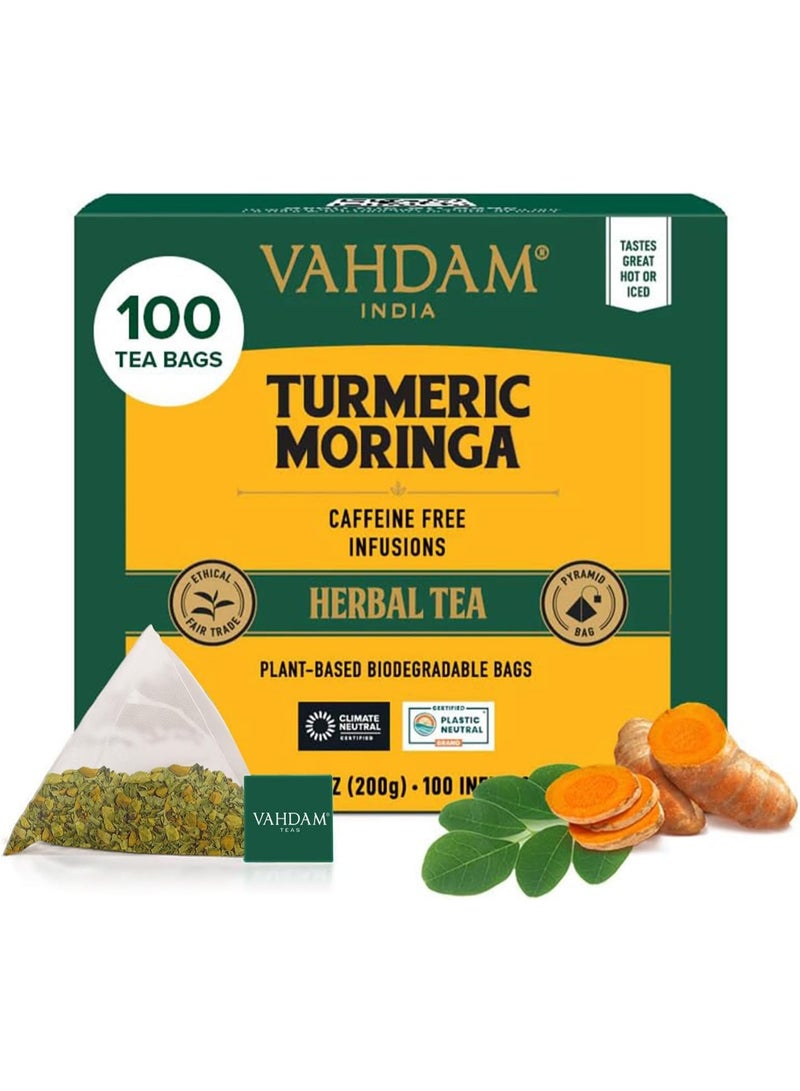 VAHDAM, Organic Moringa Turmeric Superfood Herbal Tea (100 Tea Bags) Non-GMO, USDA Organic Moringa, Turmeric & Garden Fresh Spices | Easy Brew - Hot, Iced or Kombucha Tea