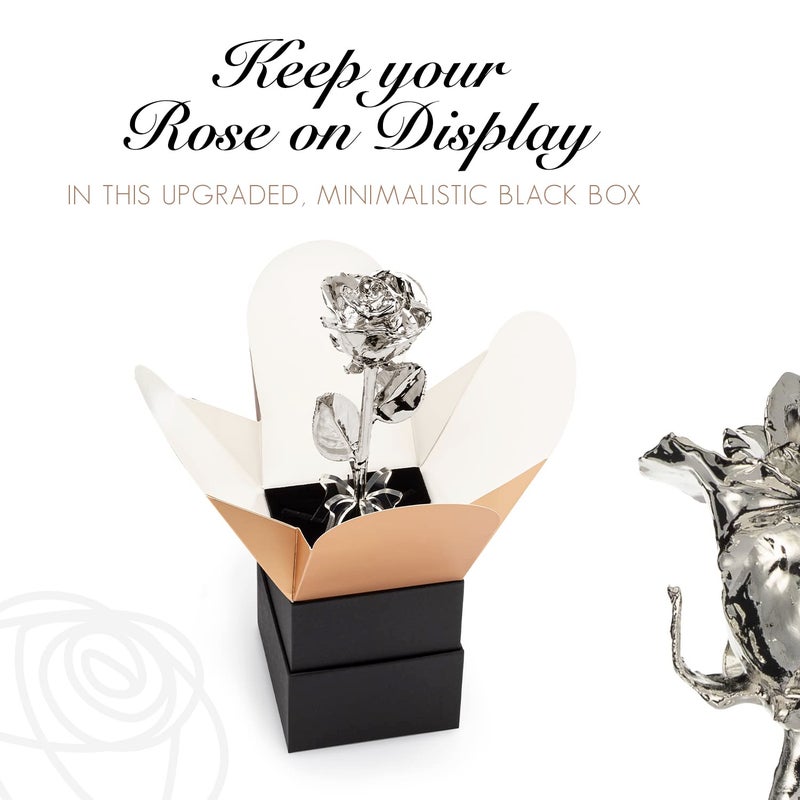 Forever Rose Bloom Box Bundle - a Genuine  One of a Kind  Real Rose Hand Dipped in Silver with Beautiful Phantom Vase and Blooming Box - Image 4