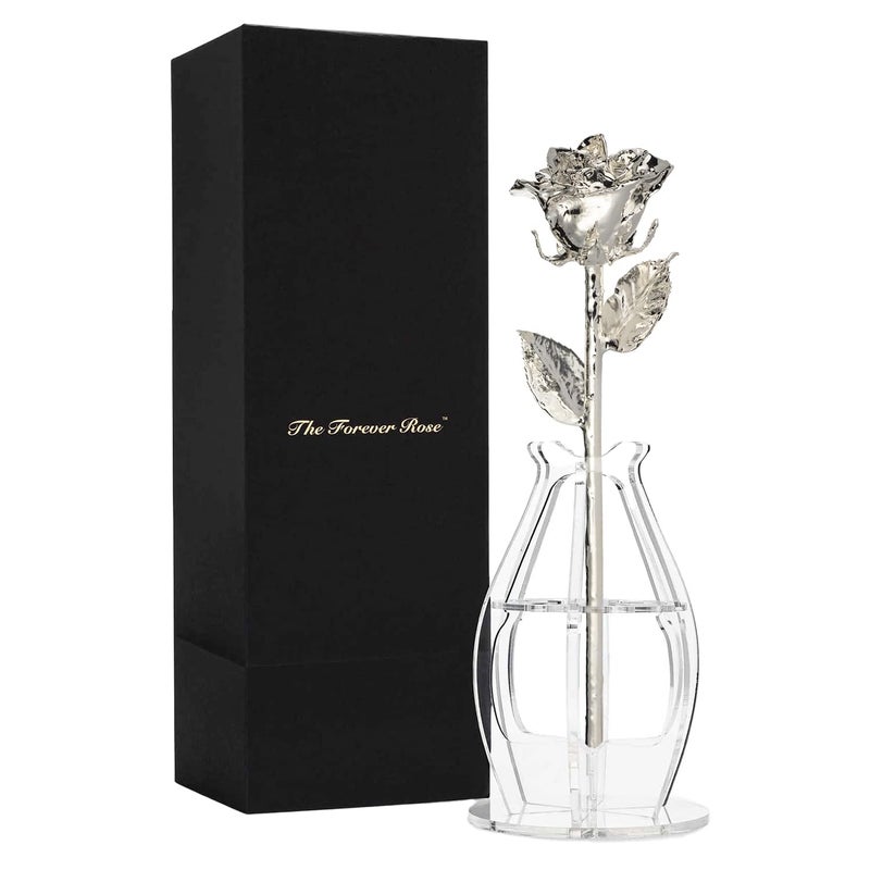 Forever Rose Bloom Box Bundle - a Genuine  One of a Kind  Real Rose Hand Dipped in Silver with Beautiful Phantom Vase and Blooming Box - Image 1