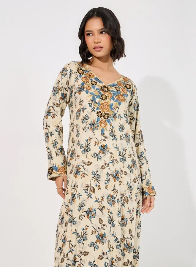 Maxim Creation Floral Print Rayon Mukhawar Jalabiya with Handwork by Styli