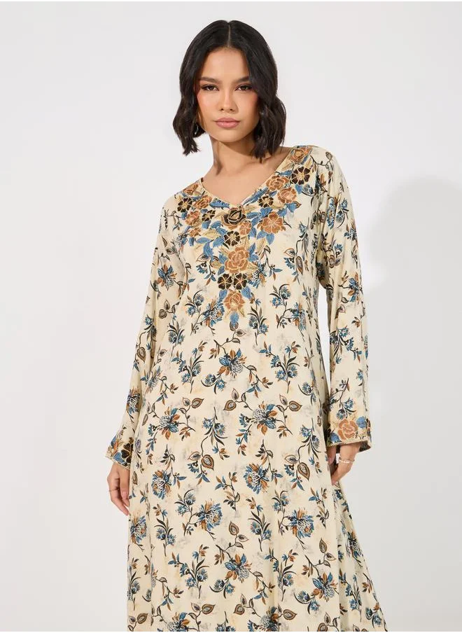 Maxim Creation Floral Print Rayon Mukhawar Jalabiya with Handwork by Styli