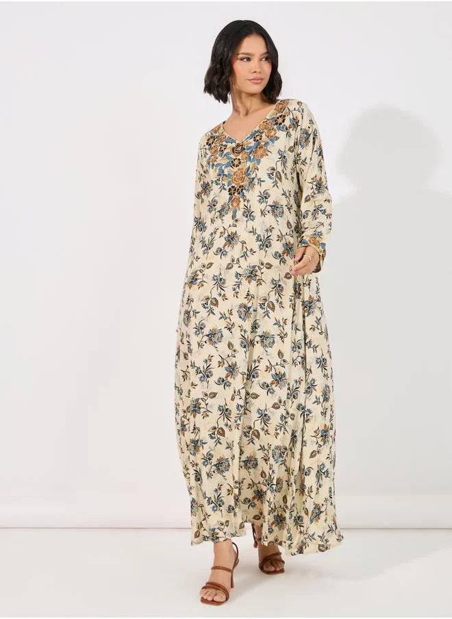 Maxim Creation Floral Print Rayon Mukhawar Jalabiya with Handwork by Styli