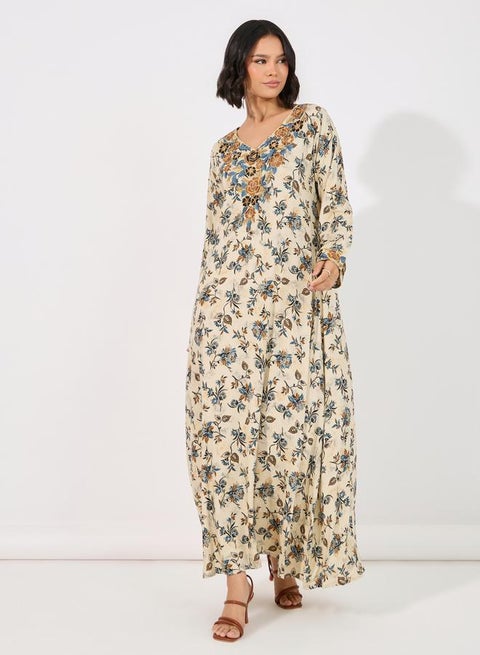 Floral Print Rayon Mukhawar Jalabiya with Handwork
