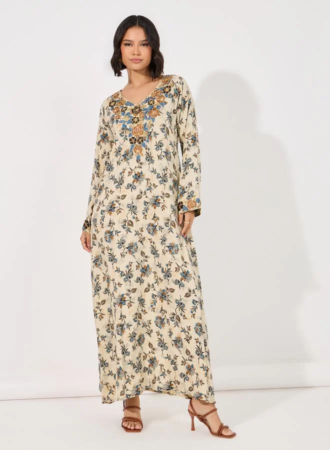 Maxim Creation Floral Print Rayon Mukhawar Jalabiya with Handwork by Styli