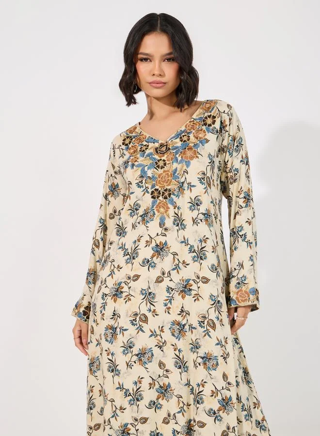 Take Two Floral Print Rayon Mukhawar Jalabiya with Handwork