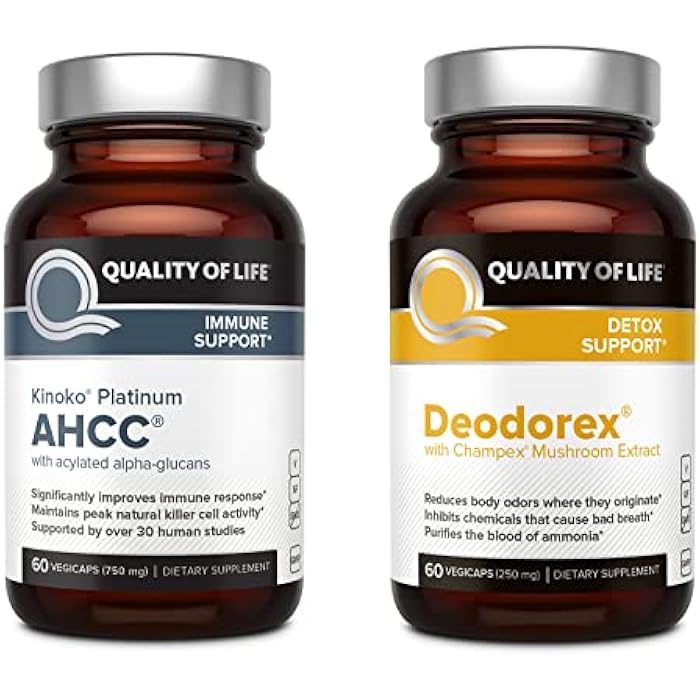 Quality of Life All Natural Immune Support and Detox Bundle - Kinoko Platinum AHCC Mushroom Extract - Deodorex Detox Support Supplement - Image 1