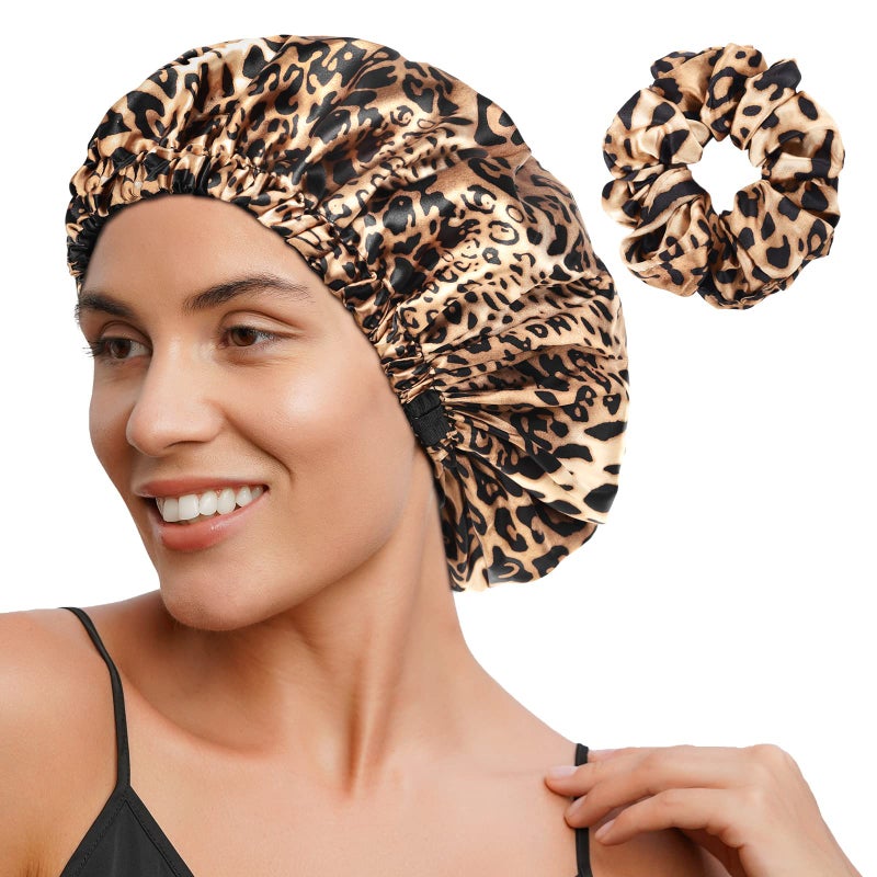 YANIBEST Adjustable Silk Bonnet Double Layer Satin Bonnet Hair Bonnet for Sleeping Bonnets for Women Hats Curly Natural Hair Bold Cheetah