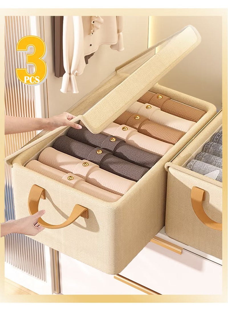 BOUND MOAT 3 PCS Wardrobe Clothes Organizer - Foldable Cube Storage Bin with Supporting Steel Frame and Dust Cover, Washable, Suitable for Clothing, Jeans, Etc. Drawer Storage Box with Handle, Suitable for Home, Bedroom, and Office (Beige) - Image 1
