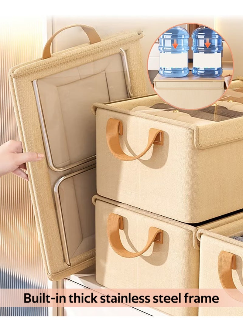 BOUND MOAT 3 PCS Wardrobe Clothes Organizer - Foldable Cube Storage Bin with Supporting Steel Frame and Dust Cover, Washable, Suitable for Clothing, Jeans, Etc. Drawer Storage Box with Handle, Suitable for Home, Bedroom, and Office (Beige) - Image 3