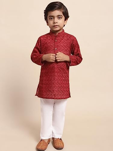 superminis Baby Boys Ethnic Wear Colored Cotton Chikankari Kurta Set, Round Collar, Full Sleeves With White Pyjama (Maroon, 3-4 Years) - Image 2