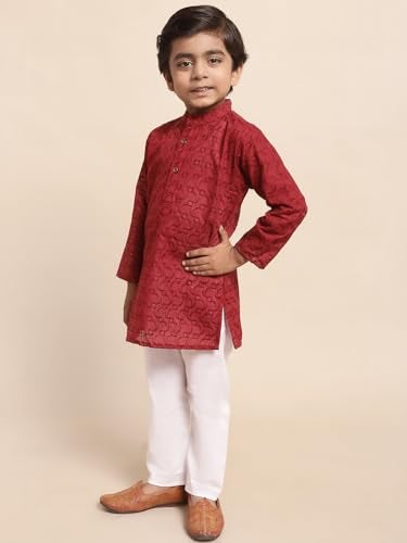 superminis Baby Boys Ethnic Wear Colored Cotton Chikankari Kurta Set, Round Collar, Full Sleeves With White Pyjama (Maroon, 3-4 Years) - Image 4