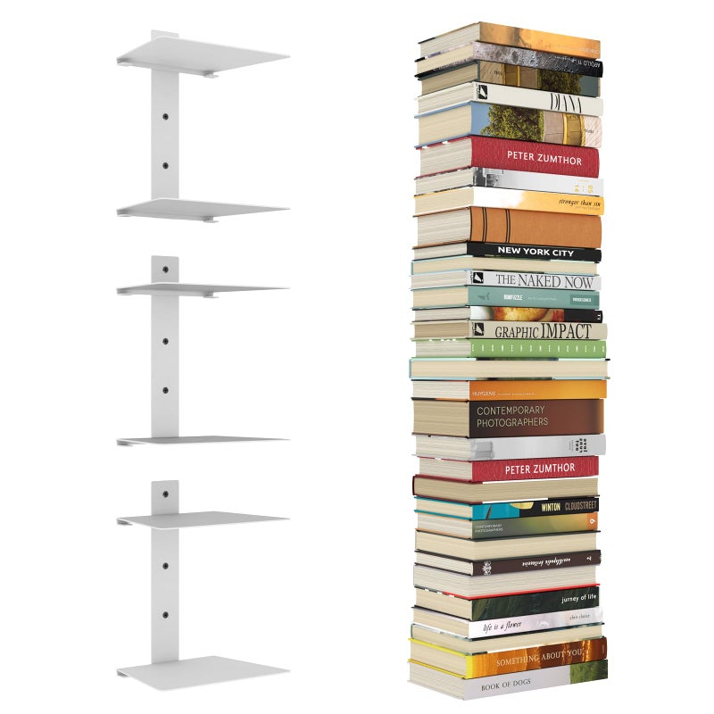 Mefirt Invisible Floating Bookshelves for Wall 6 Tier Vertical Spine Book Tower Heavy Duty Floating Book Shelves Metal Book Organizers for Home Office 3 PackWhite