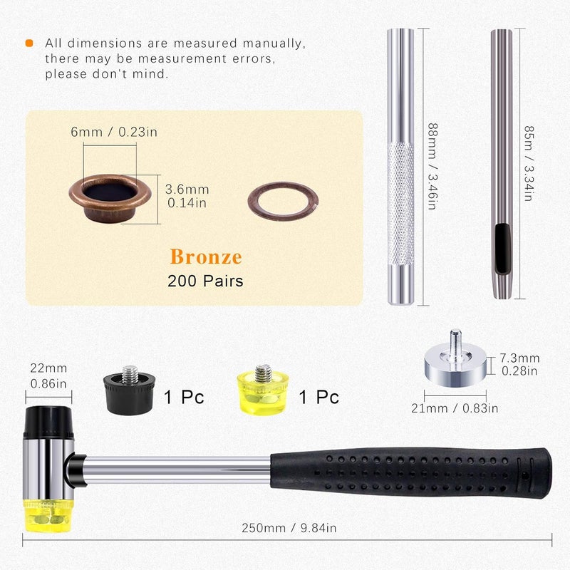 Rustark 200 Sets 1/4 Inch Bronze Grommet Assortment Kit with 4 Pcs Setting Install Tool, 6mm Metal Eyelets Set in Storage Box for Clothes Shoes Bag Paper Leather Crafts DIY Projects (Bronze) - Image 2