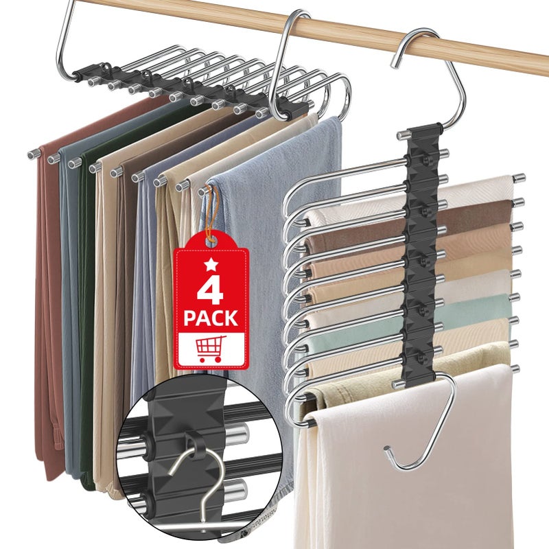 Besslly Upgrade 9 Layers Pant Hangers Space Saving  Non Slip Stainless Steel Multifunctional Pants Rack S-Type Clothes Pant Closet Hanger Organizer with Hooks for Pants Jeans Trousers Scarf (4 Pack  Black) - Image 1