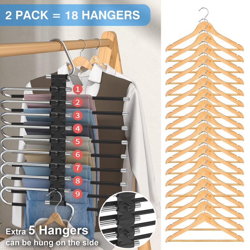 Besslly Upgrade 9 Layers Pant Hangers Space Saving  Non Slip Stainless Steel Multifunctional Pants Rack S-Type Clothes Pant Closet Hanger Organizer with Hooks for Pants Jeans Trousers Scarf (4 Pack  Black) - Image 3