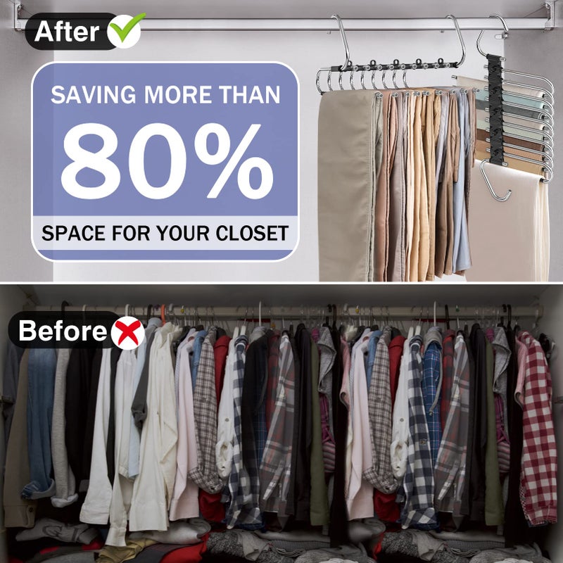 Besslly Upgrade 9 Layers Pant Hangers Space Saving  Non Slip Stainless Steel Multifunctional Pants Rack S-Type Clothes Pant Closet Hanger Organizer with Hooks for Pants Jeans Trousers Scarf (4 Pack  Black) - Image 2