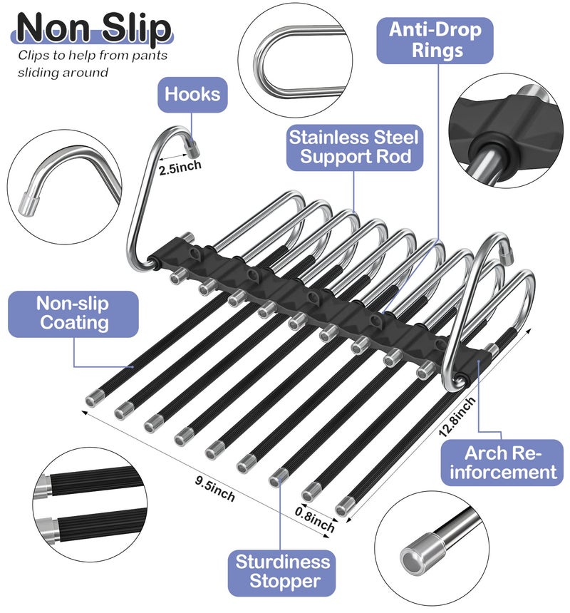 Besslly Upgrade 9 Layers Pant Hangers Space Saving  Non Slip Stainless Steel Multifunctional Pants Rack S-Type Clothes Pant Closet Hanger Organizer with Hooks for Pants Jeans Trousers Scarf (4 Pack  Black) - Image 4