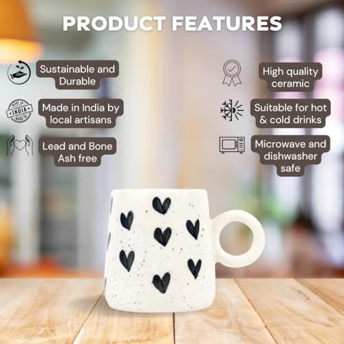 Green Route Hand-Painted Coffee Mug | Elegant Ceramic Mug | Microwave & Dishwasher Safe, Perfect for Home & Gifting White Set of 2 (350) ml Black Heart - Image 2
