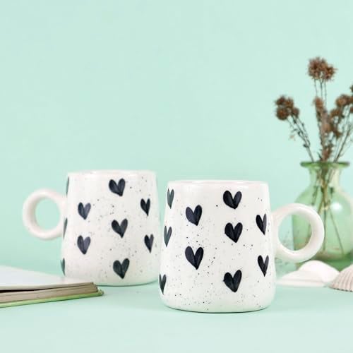 Green Route Hand-Painted Coffee Mug | Elegant Ceramic Mug | Microwave & Dishwasher Safe, Perfect for Home & Gifting White Set of 2 (350) ml Black Heart - Image 1