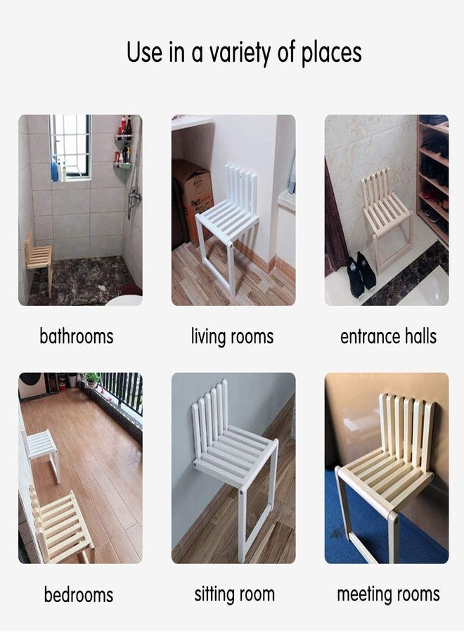 Kelendle Folding Chair Wall-Mounted Invisible Shoe-Changing Stool Made of Solid Wood Wall Seat Folding with Support Legs Saving Space Suitable for Various Occasions White - Image 3