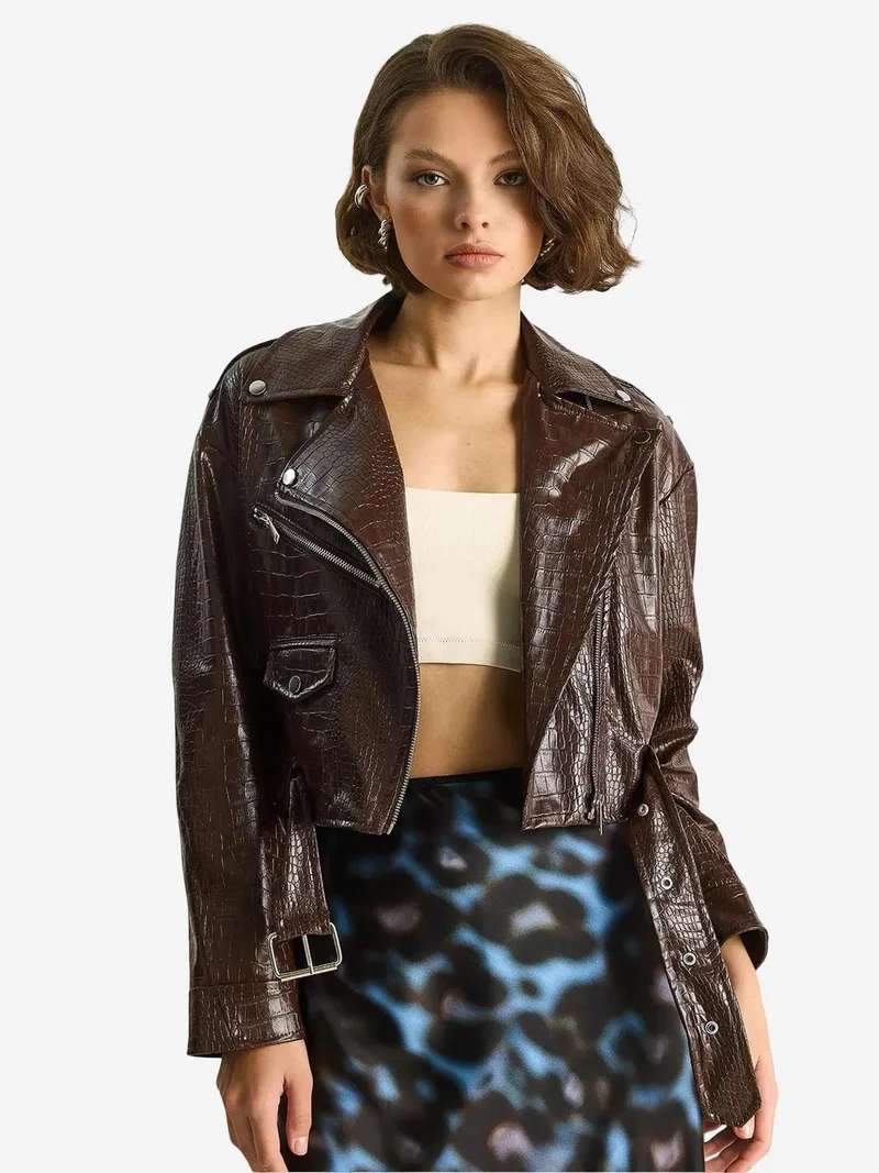 Bianco Lucci Mocha Brown LUCCI Faux Leather Cropped Puffer Jacket for Women | Best Price UAE